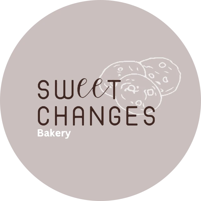 Sweet Changes Bakery logo: hand-drawn cookies on a soft greige circle